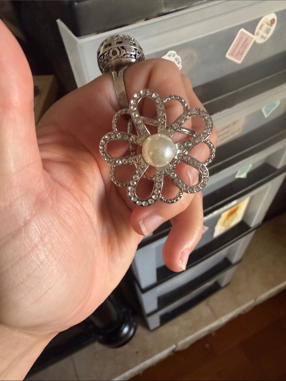 Elegant Silver Flower Ring with Pearl Center - Women's Jewelry